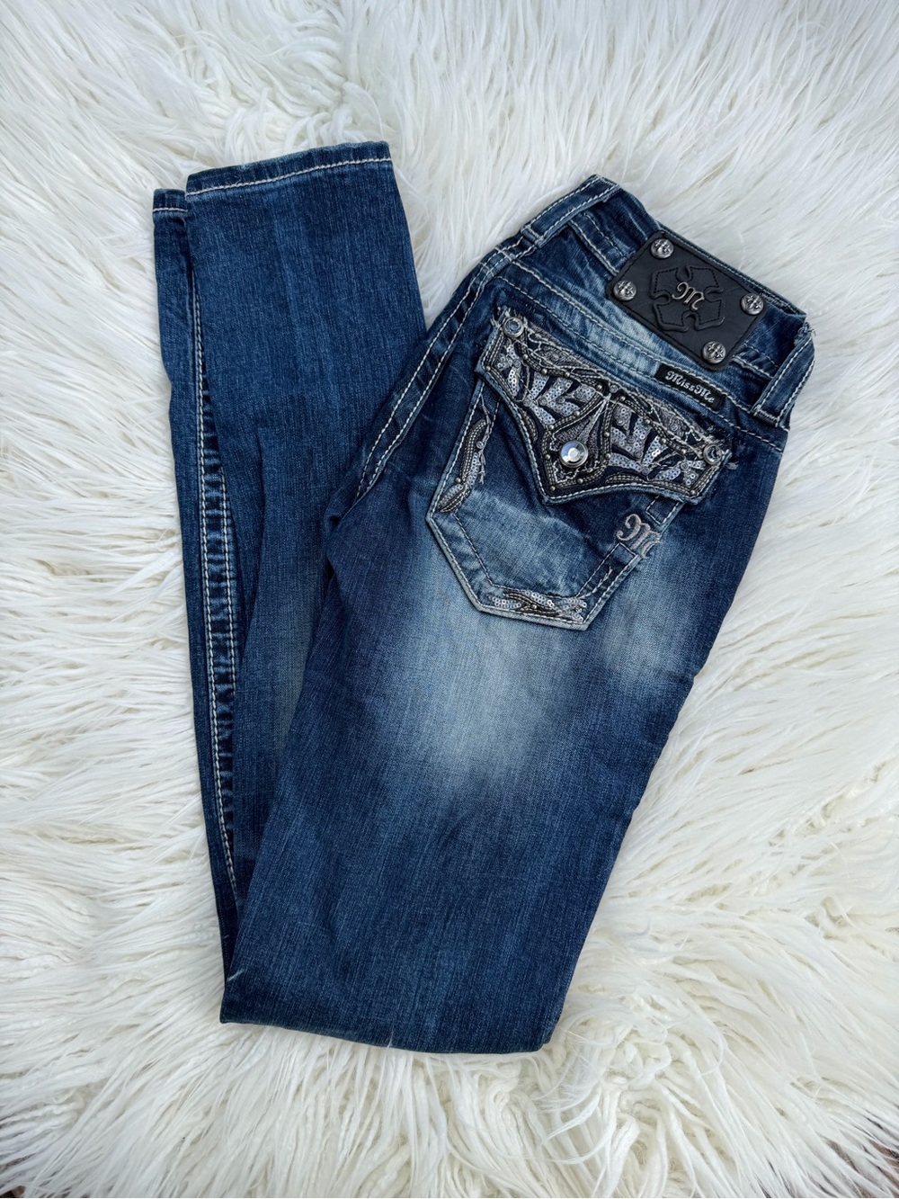 Miss Me Dark Blue Skinny Jeans with Embroidered Back Pockets